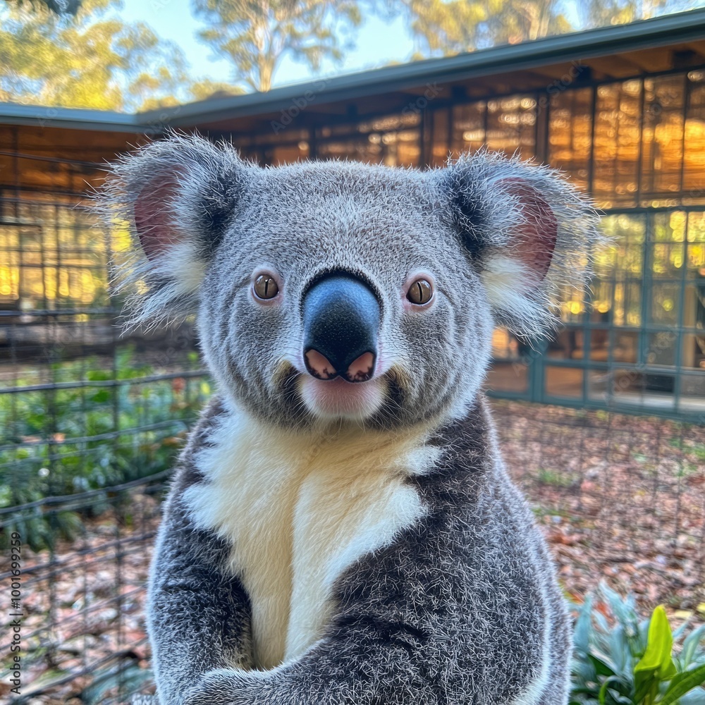 Fototapeta premium A playful koala curiously gazes at visitors in a wildlife sanctuary during a sunny afternoon
