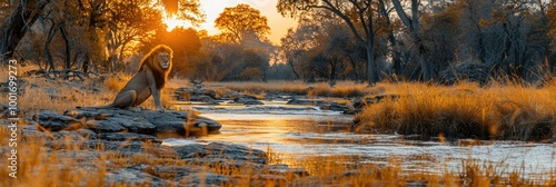 A majestic lion resting by a serene river at sunset in the African savannah landscape