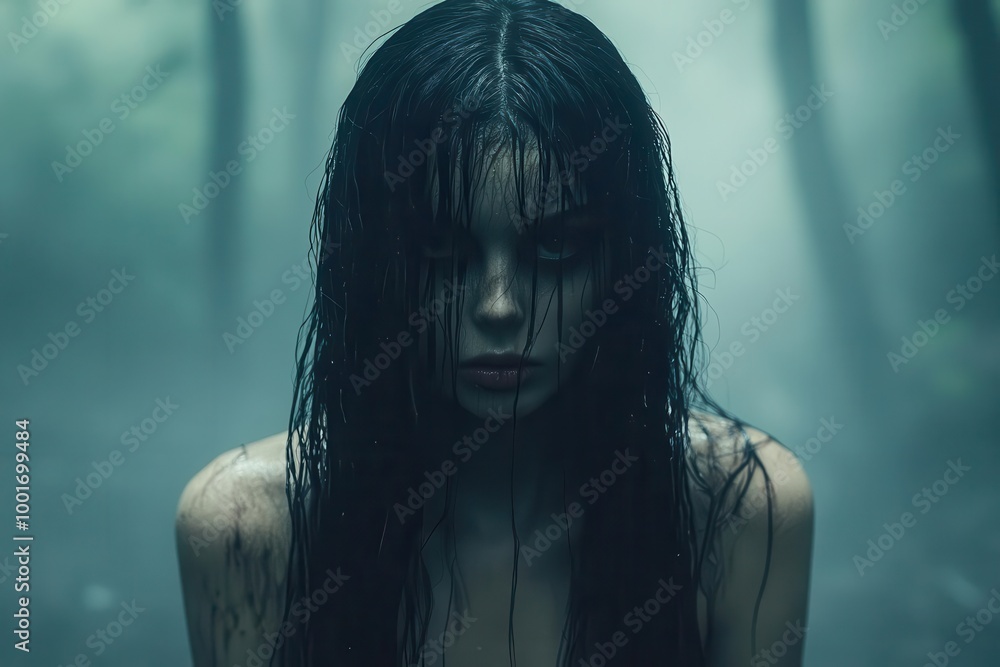 eerie silhouette of a terrifying female ghost with long black hair merging into the darkness of a dense forest evoking feelings of suspense and fear eerie silhouette of a terrifying female ghost with long black hair merging into the darkness of a dense forest evoking feelings of suspense and fear