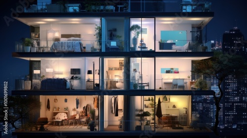 A modern apartment building at night with illuminated interiors revealing different rooms filled with activities, symbolizing urban living and diversity of lifestyles.