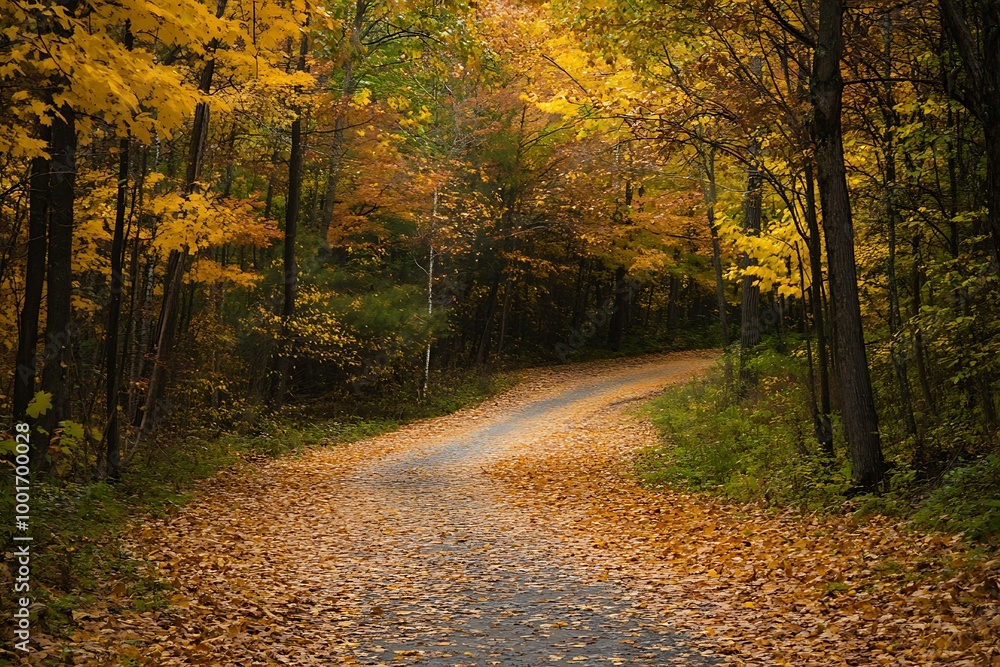 Obraz premium Autumn Road in the Forest, Colorful Foliage and Winding Path
