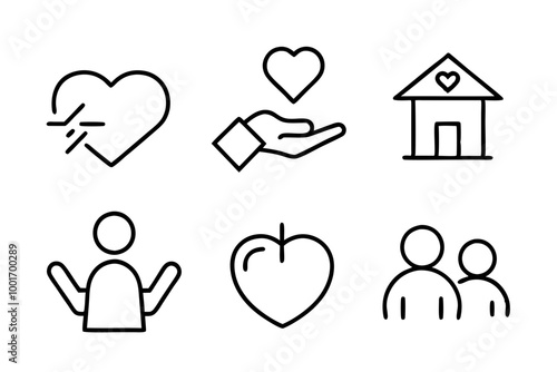 Set of line icons related to charity, donation, social responsibility, friendship, love, Editable stroke. Vector illustration