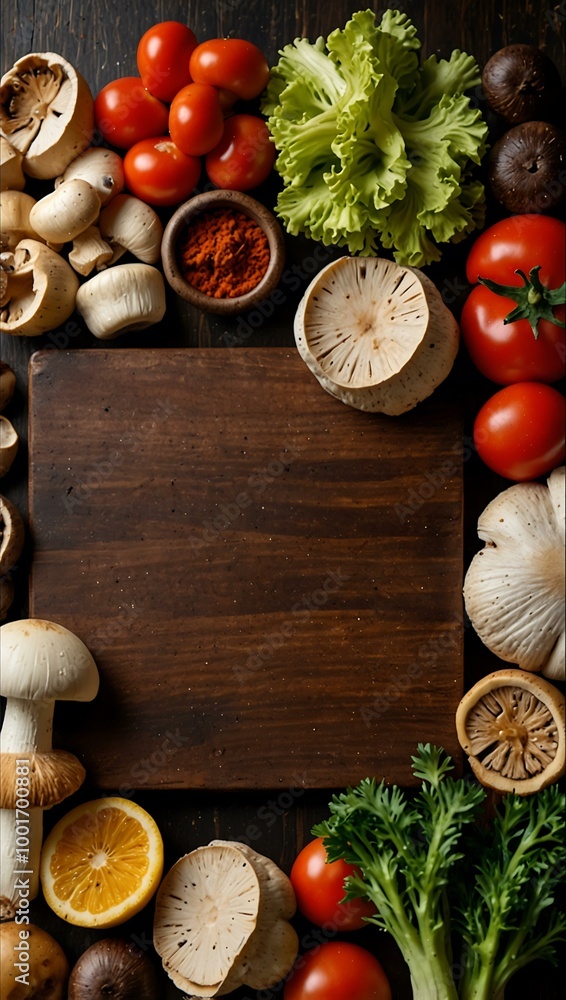 Kitchen board with neatly arranged mushrooms, vegetables, and spices. Kitchen board with neatly arranged mushrooms, vegetables, and spices.
