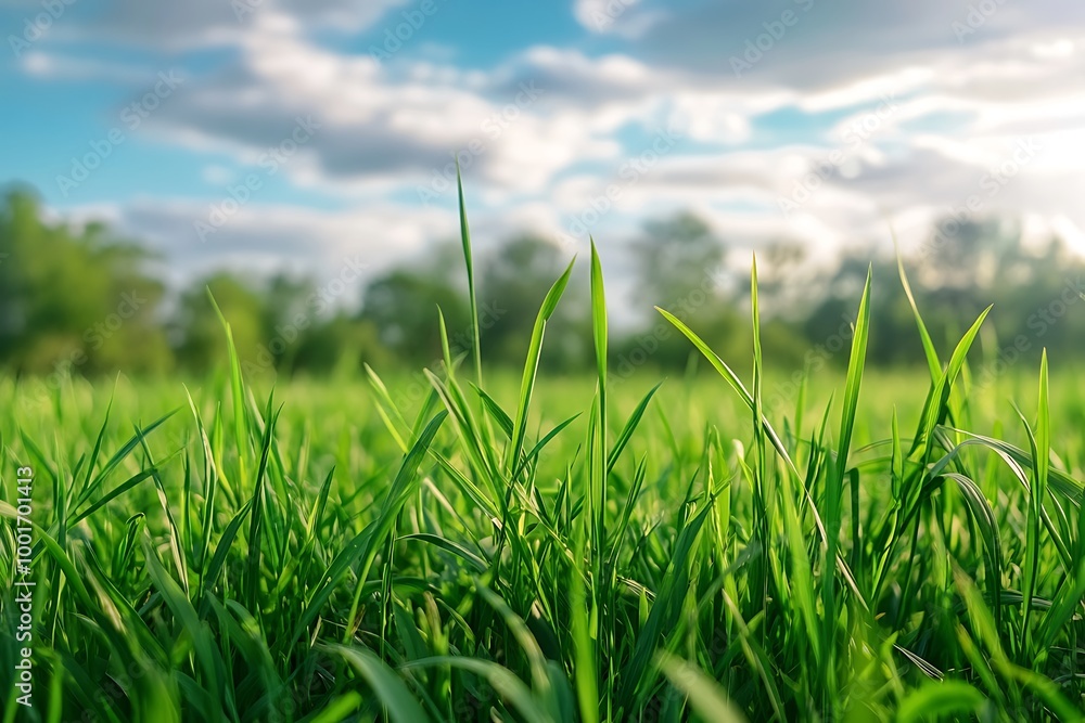 Fototapeta premium Close up of fresh green grass blades in a field under blue sky with white clouds.