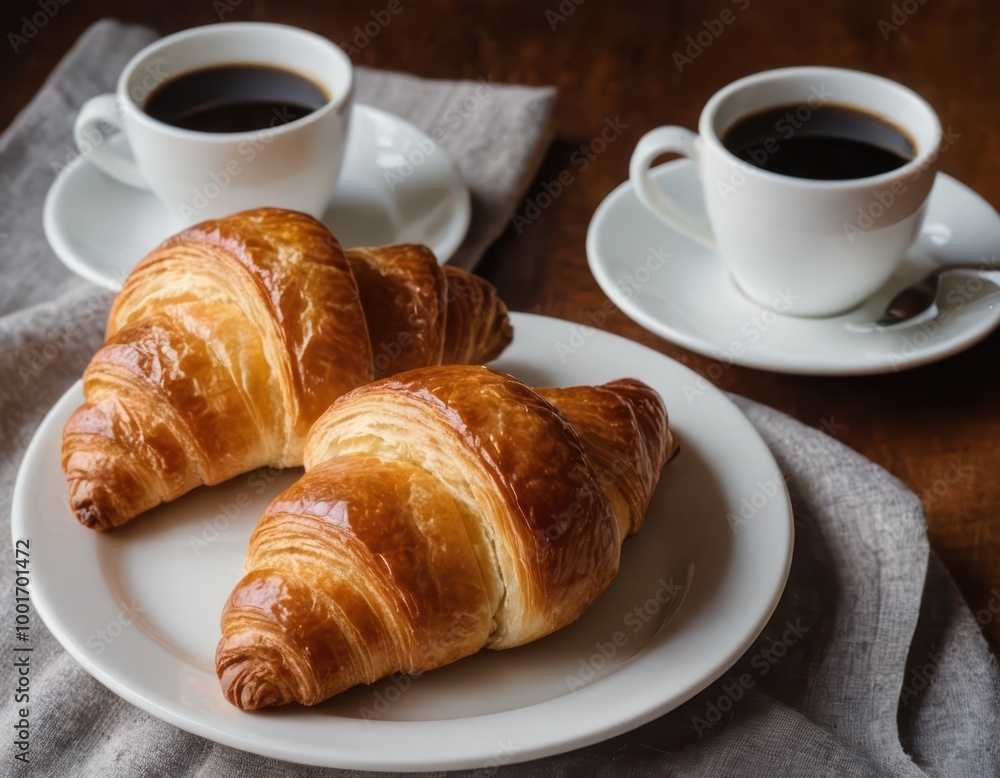 Coffee and croissants on white plate, morning coffee concept Coffee and croissants on white plate, morning coffee concept