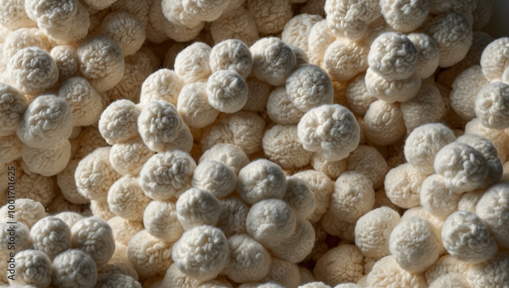Large pile of knitted white wool resembling clouds against a white background. Large pile of knitted white wool resembling clouds against a white background.