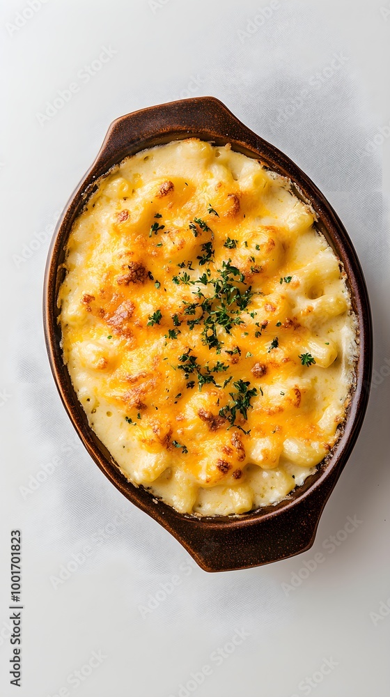A rustic dish of macaroni and cheese garnished with fresh herbs, placed on a light solid color background A rustic dish of macaroni and cheese garnished with fresh herbs, placed on a light solid color background
