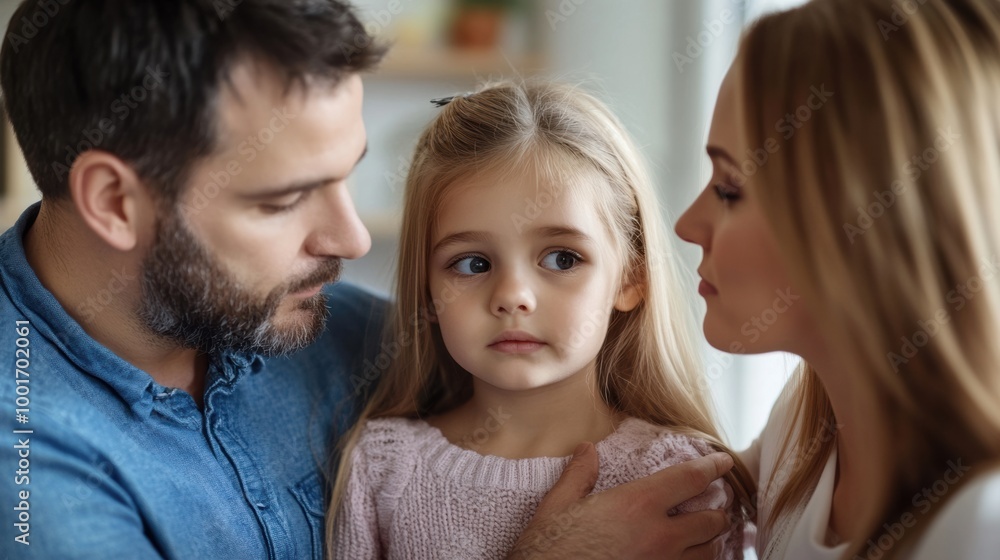 Family conversation with young girl at home in cozy living room Family conversation with young girl at home in cozy living room