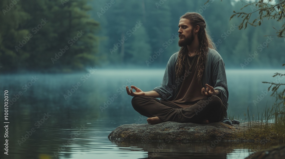 man meditating on fog morning during late summer or fresh autumn in the nature on the shore of mystic lake man meditating on fog morning during late summer or fresh autumn in the nature on the shore of mystic lake