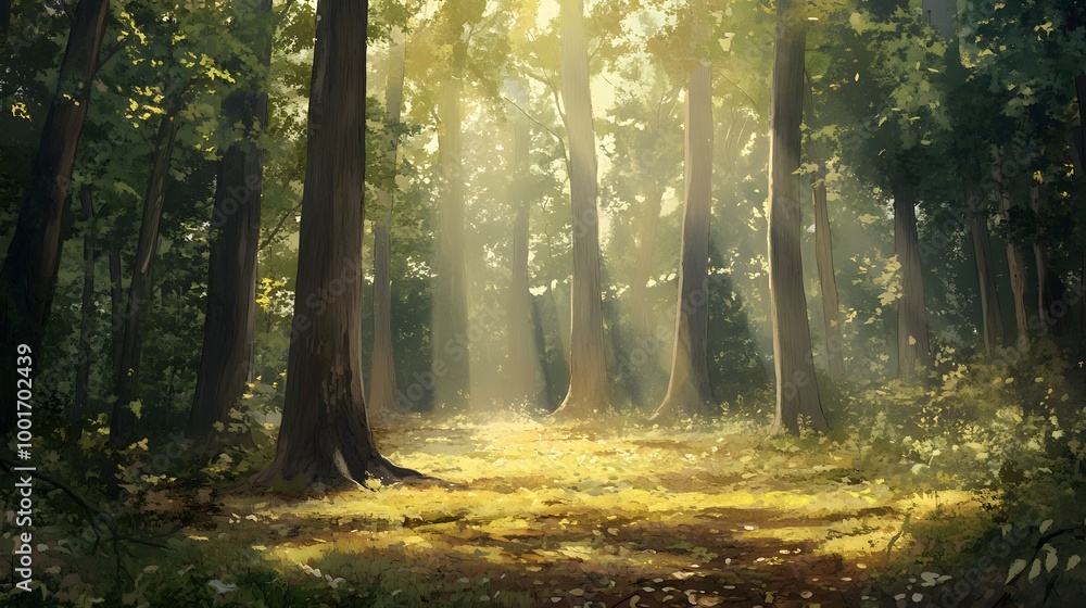 A serene forest scene with towering trees and dappled sunlight filtering through the leaves, creating a peaceful atmosphere A serene forest scene with towering trees and dappled sunlight filtering through the leaves, creating a peaceful atmosphere