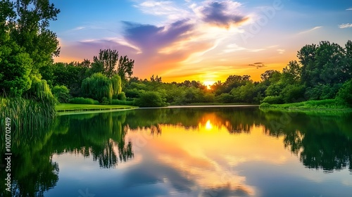 A tranquil lake surrounded by lush greenery, reflecting the vibrant colors of the sky during sunset, with a clear space for text