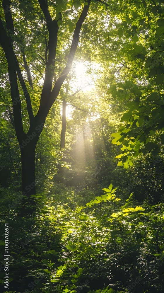 Obraz premium A vibrant forest scene with sunlight filtering through the trees, highlighting the rich green foliage