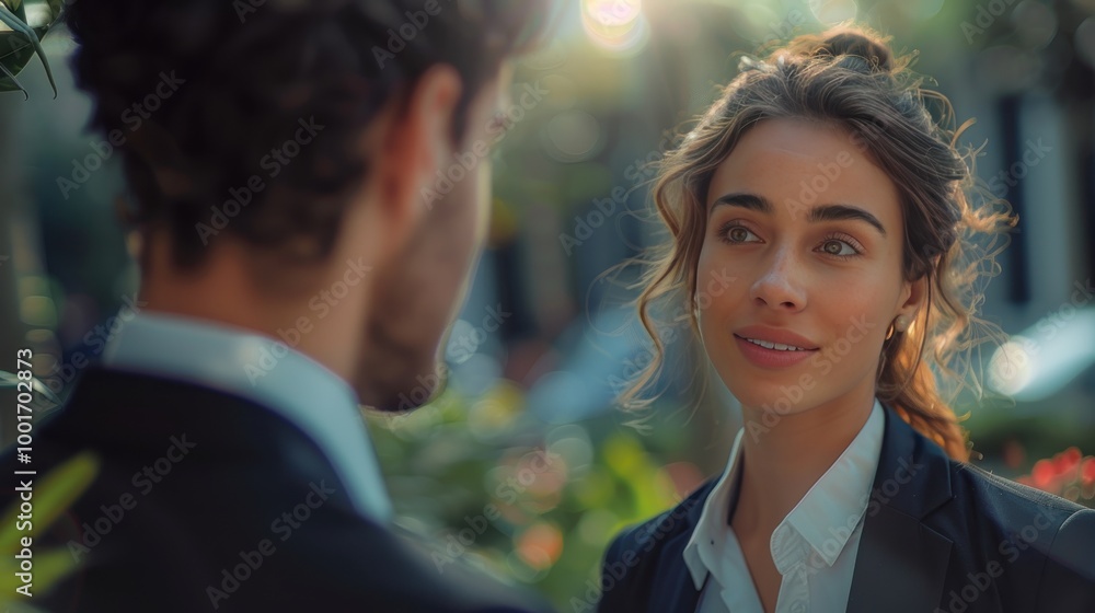 Two businesspeople having a relaxed conversation in an outdoor garden, with friendly expressions and vibrant surroundings.