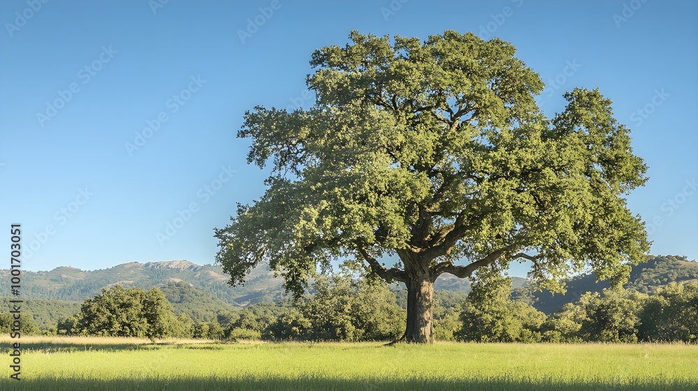 A majestic oak tree standing tall in a serene meadow, bathed in soft sunlight, with a clear blue sky in the background A majestic oak tree standing tall in a serene meadow, bathed in soft sunlight, with a clear blue sky in the background