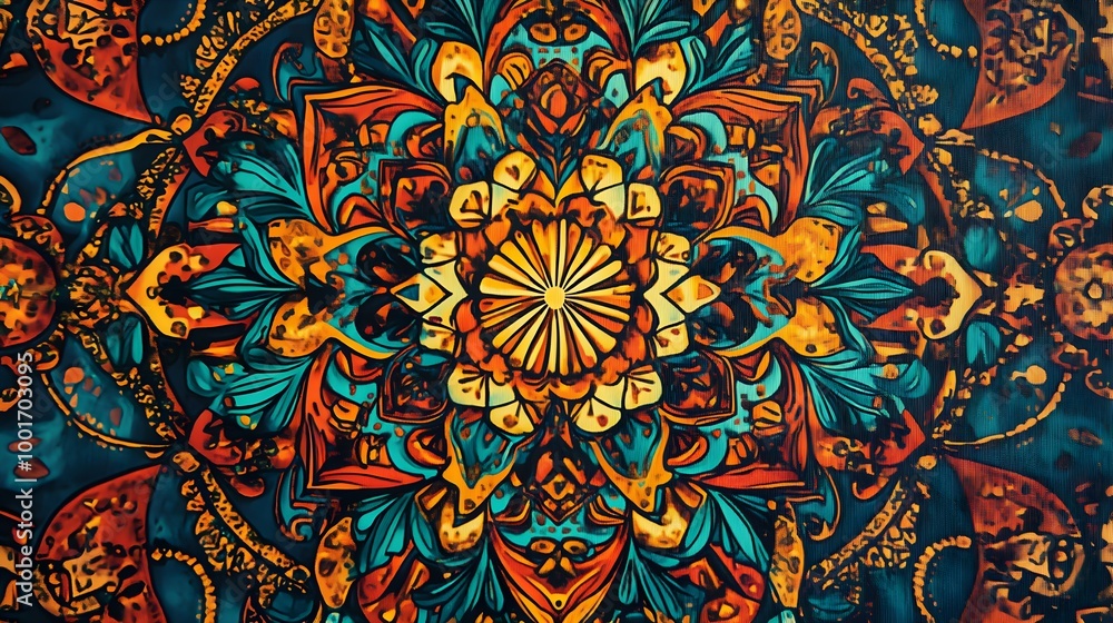 A close-up view of a beautifully intricate mandala design filled with vibrant colors and patterns, set against a light solid color background A close-up view of a beautifully intricate mandala design filled with vibrant colors and patterns, set against a light solid color background