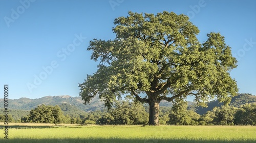 A majestic oak tree standing tall in a serene meadow, bathed in soft sunlight, with a clear blue sky in the background