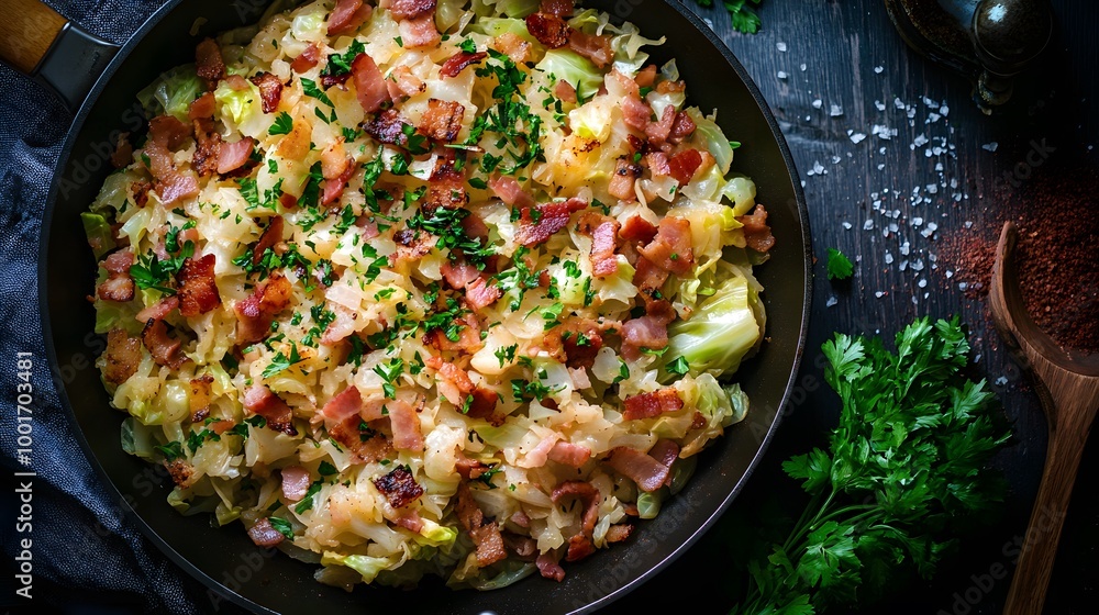 Cabbage and bacon in a skillet Cabbage and bacon in a skillet