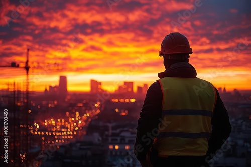 engineer in a hard hat and yellow vest surveying a construction site from a high vantage point at sunset silhouetted against a backdrop of cranes and a dramatic sky