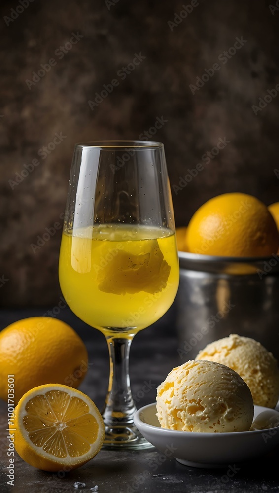 Limoncello liqueur with ice cream in a glass. Limoncello liqueur with ice cream in a glass.