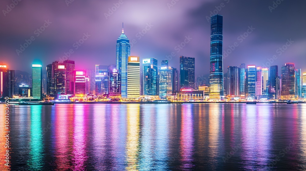 A skyline of a vibrant night city with illuminated skyscrapers reflecting on the water, creating a serene atmosphere A skyline of a vibrant night city with illuminated skyscrapers reflecting on the water, creating a serene atmosphere