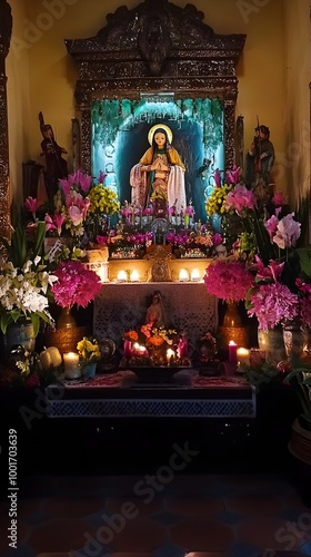A beautifully arranged altar displaying traditional symbols of the novena de aguinaldos, with vibrant colors and soft lighting.