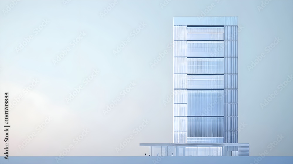 A sleek high-rise office structure with a minimalist design and open spaces, set against a light solid color background A sleek high-rise office structure with a minimalist design and open spaces, set against a light solid color background