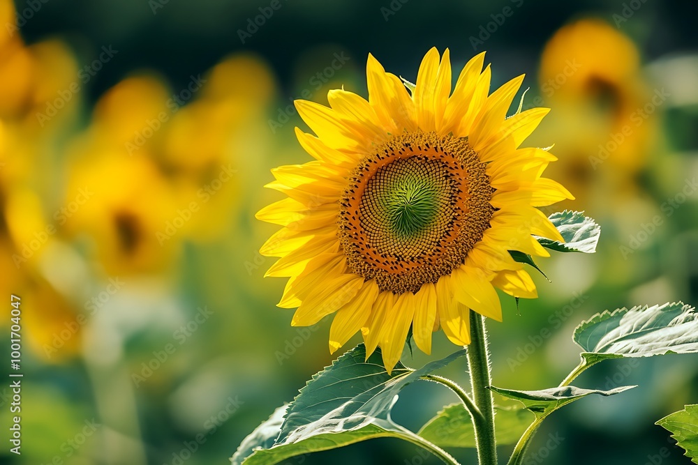 Fototapeta premium Close up of a single sunflower facing the sun in a field of sunflowers
