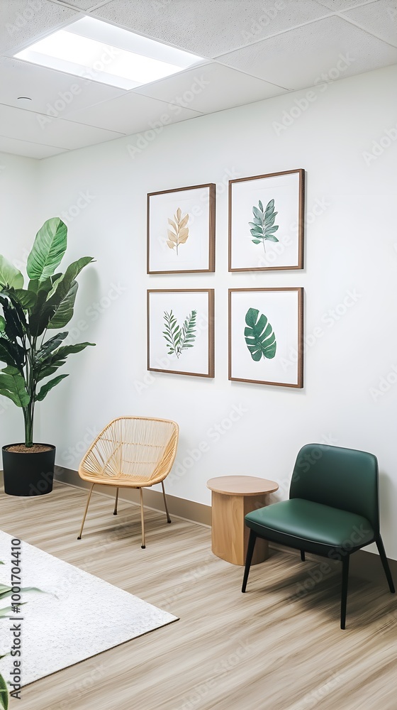 Fototapeta premium Bright office wall with motivational art prints, complemented by a clean light color palette, ideal for a creative environment