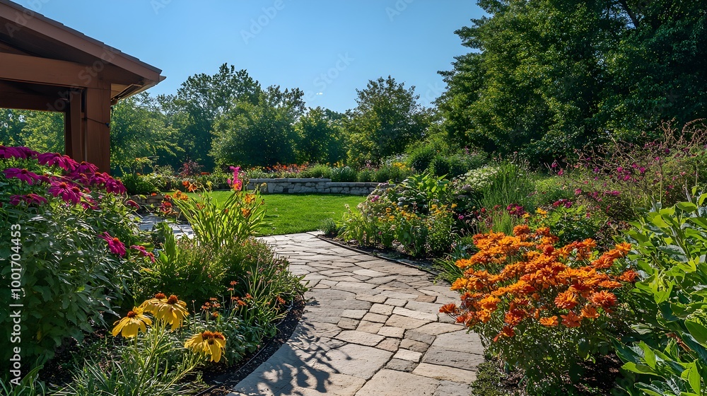 A beautifully landscaped garden area featuring vibrant flowers and a stone pathway leading to a serene patio A beautifully landscaped garden area featuring vibrant flowers and a stone pathway leading to a serene patio