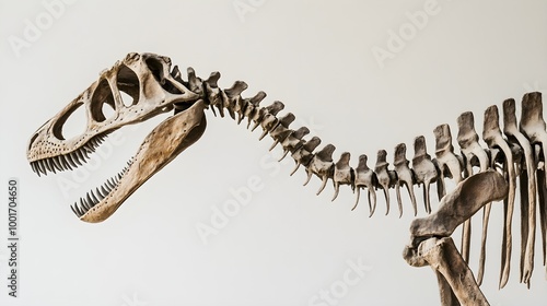 A detailed fossilized dinosaur skeleton displayed against a light solid color background, showcasing the intricate bone structures photo