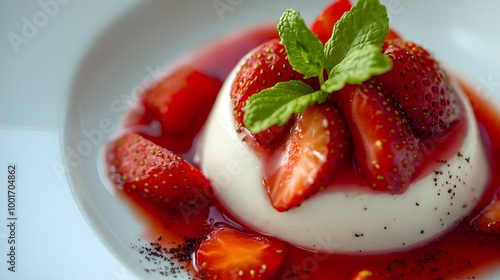 Close-up of a panna cotta topped with fresh strawberries and mint leaves, capturing the texture and shine of the dessert