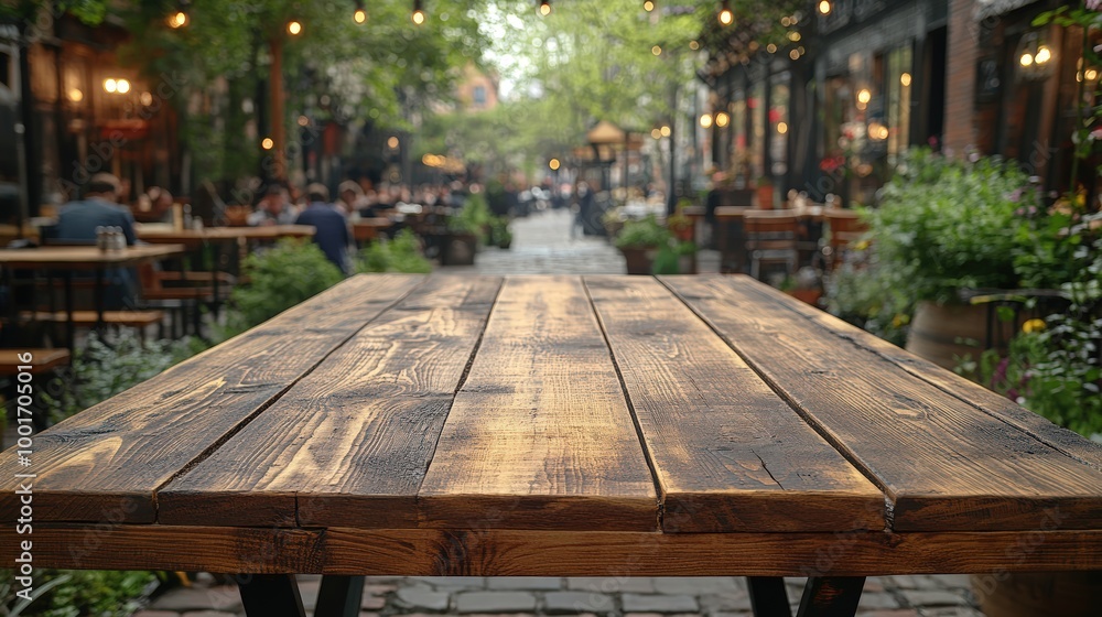 Wooden table in a modern café with a blurred background of people and greenery, ideal for lifestyle and dining themes. Wooden table in a modern café with a blurred background of people and greenery, ideal for lifestyle and dining themes.