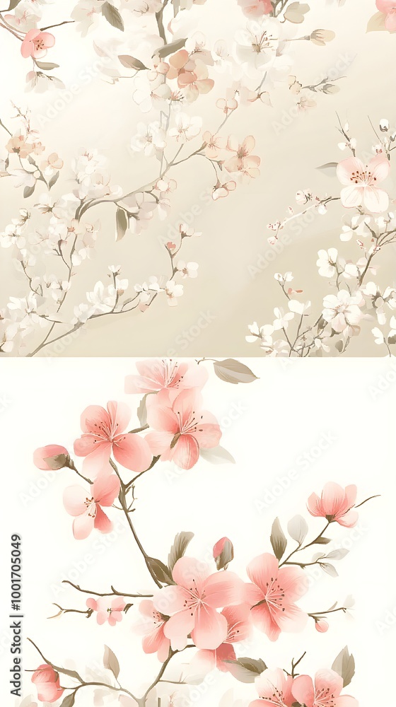 Fototapeta premium A collection of delicate floral patterns in muted tones, set against a light solid color backdrop, perfect for invitations or stationery