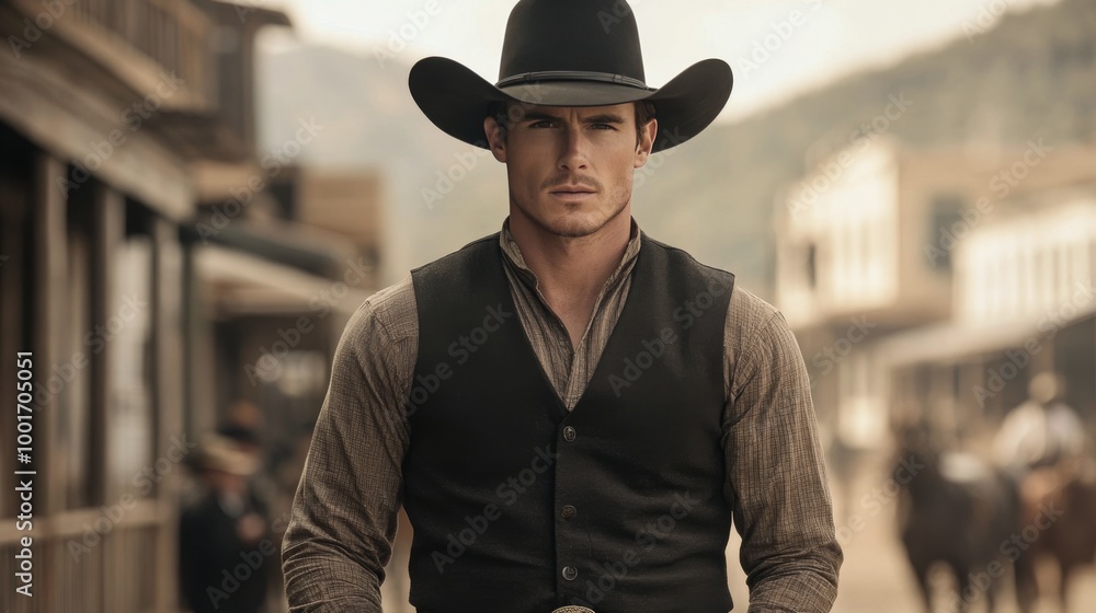 Cowboy walking through a dusty western town during golden hour in the late afternoon sun Cowboy walking through a dusty western town during golden hour in the late afternoon sun