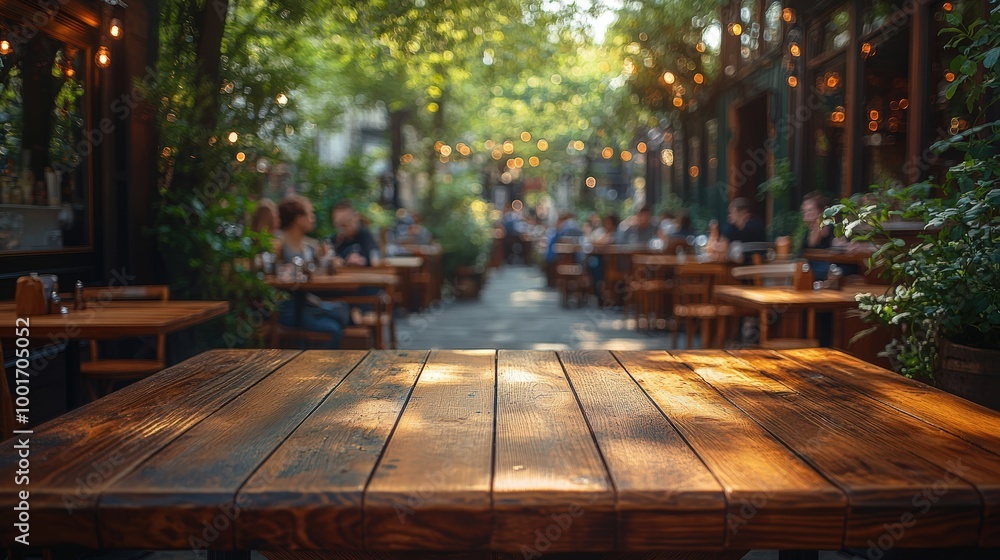 Wooden table in a modern café with a blurred background of people and greenery, ideal for lifestyle and dining themes. Wooden table in a modern café with a blurred background of people and greenery, ideal for lifestyle and dining themes.