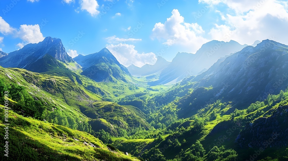 Serene mountain landscape with lush green valleys and a clear blue sky, perfect for relaxation Serene mountain landscape with lush green valleys and a clear blue sky, perfect for relaxation