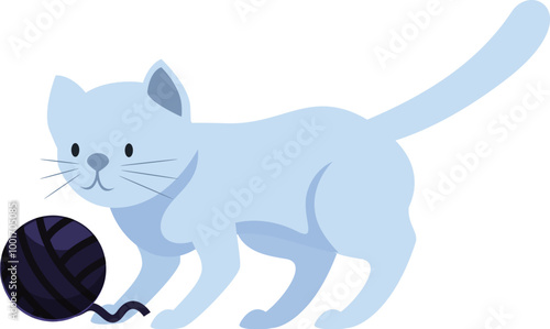 Playful blue cat is happily playing with a ball of yarn, its tail held high with excitement
