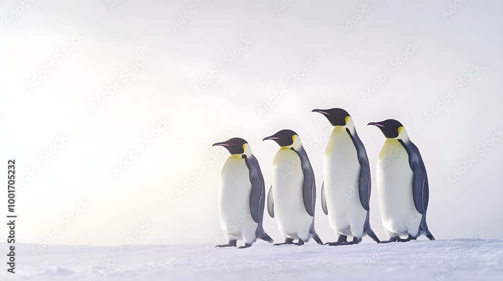 Obraz premium A group of emperor penguins standing together on the icy landscape of Antarctica, showcasing their unique black and white plumage against a light solid color background