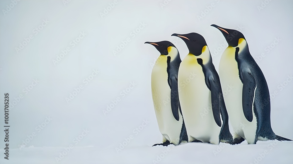 Obraz premium A group of emperor penguins standing together on the icy landscape of Antarctica, showcasing their unique black and white plumage against a light solid color background