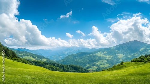 Serene mountain landscape with lush green valleys and a clear blue sky, perfect for relaxation photo