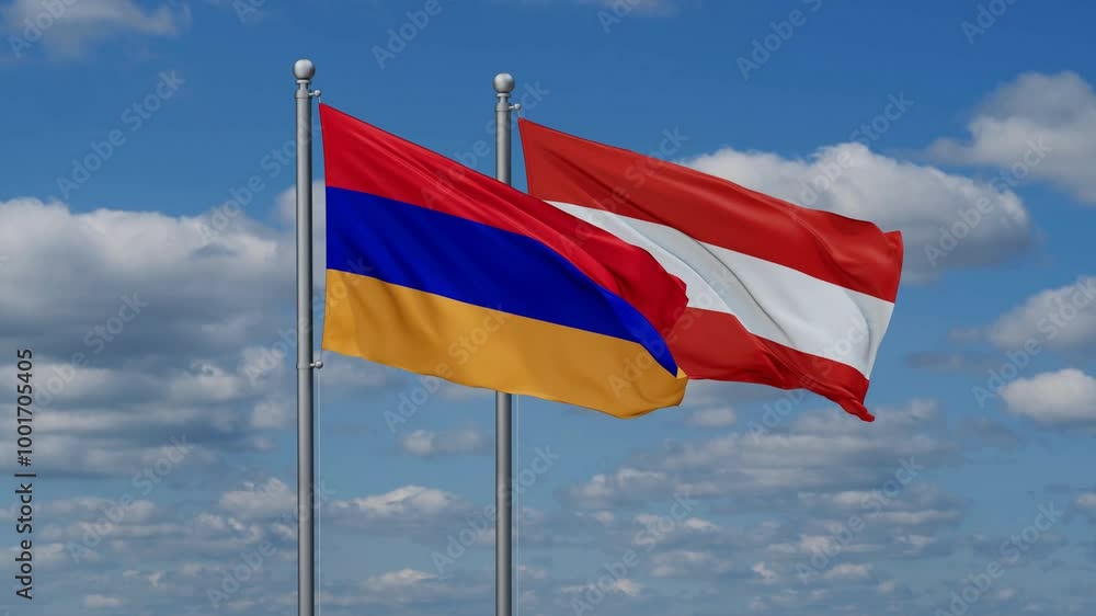 Austria and Armenia flags flying together, video concept of the relationship, two country relations concept Austria and Armenia flags flying together, video concept of the relationship, two country relations concept