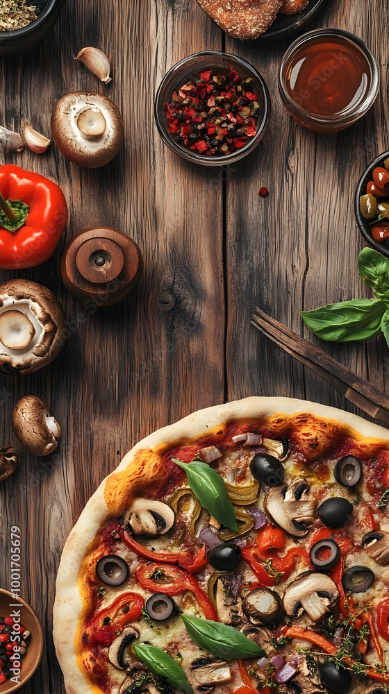 A whole pizza with various toppings, including olives, bell peppers, and mushrooms, displayed on a rustic wooden table A whole pizza with various toppings, including olives, bell peppers, and mushrooms, displayed on a rustic wooden table