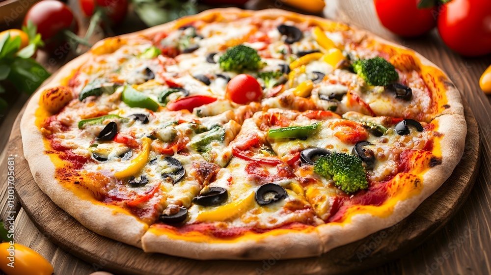 A freshly baked pizza topped with vibrant vegetables and melted cheese, placed on a rustic wooden table. A freshly baked pizza topped with vibrant vegetables and melted cheese, placed on a rustic wooden table.