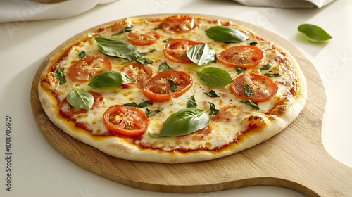 Wallpaper Mural A freshly baked pizza with a golden crust, topped with melted cheese, vibrant tomatoes, and fresh basil leaves, placed on a wooden pizza peel Torontodigital.ca