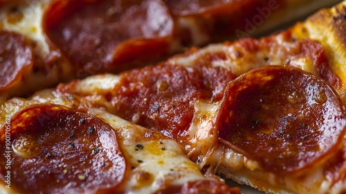 A close-up of a slice of pepperoni pizza, showcasing the gooey cheese and crispy edges, with a light solid color background