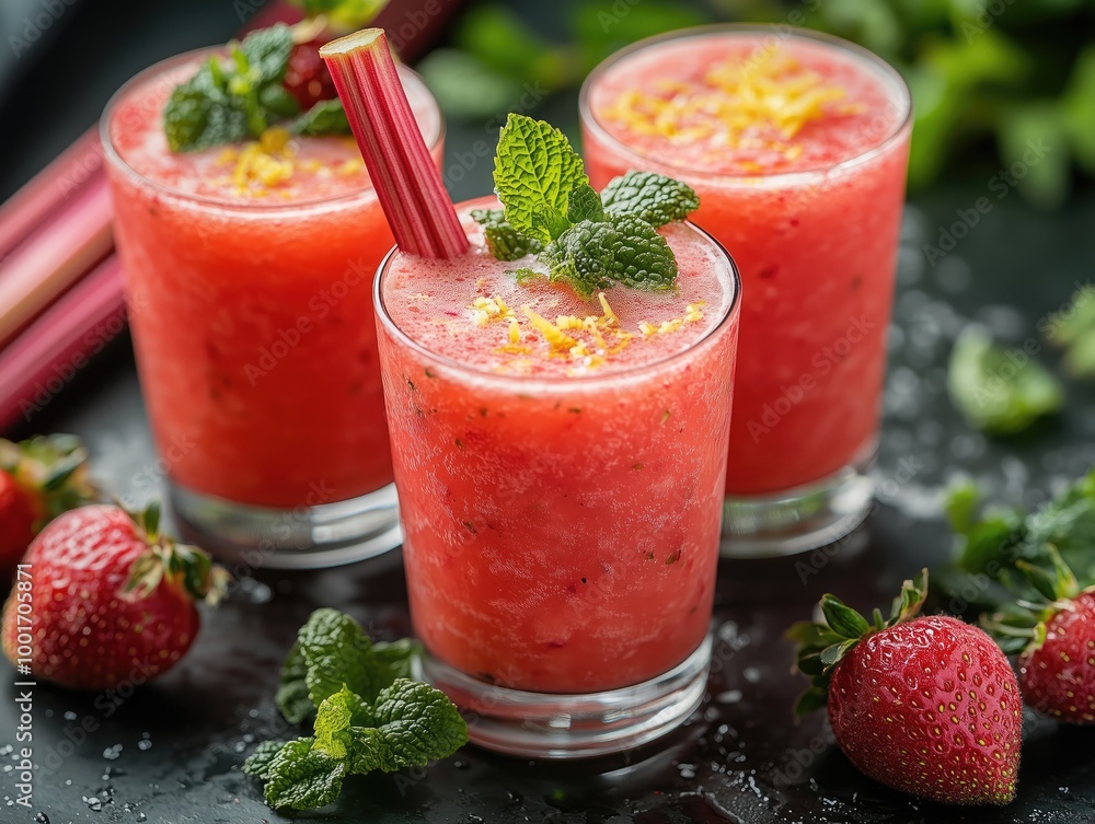 Rhubarb Strawberry Smoothie with Rhubarb Garnish and Lemon Zest in Wide Glasses