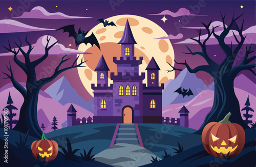 Halloween haunted castle vector illustration with bats and pumpkins, eerie night background, holiday decoration