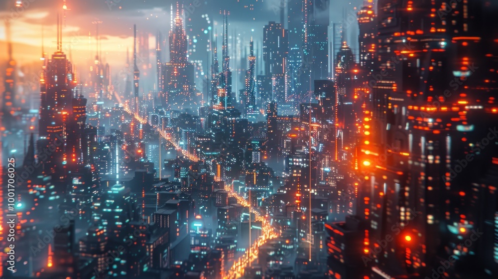 Fototapeta premium A futuristic cityscape with glowing holographic interfaces, showcasing dynamic lighting and advanced technology elements, incredibly detailed and intricate.