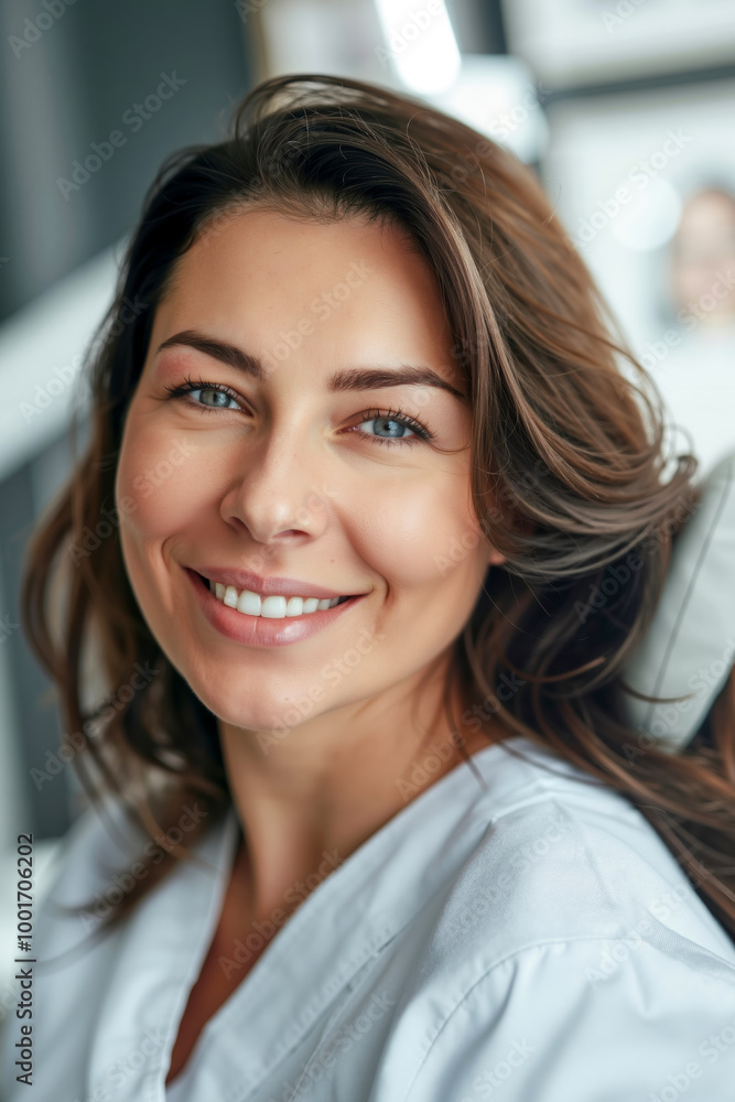 A woman sitting in a dentist's chair smiling at the camera A woman sitting in a dentist's chair smiling at the camera