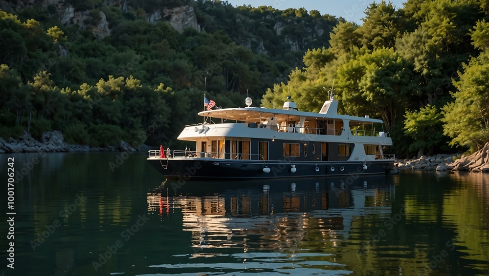 Luxurious houseboat anchored in a quiet cove. Luxurious houseboat anchored in a quiet cove.
